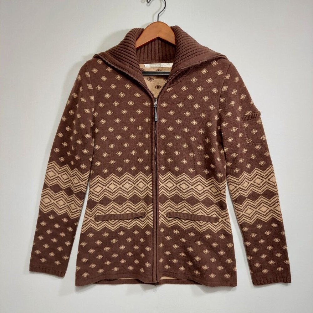 Athleta Teton Cardigan Full Zip LS Wool Nylon Blend Sweater Womens Large Brown